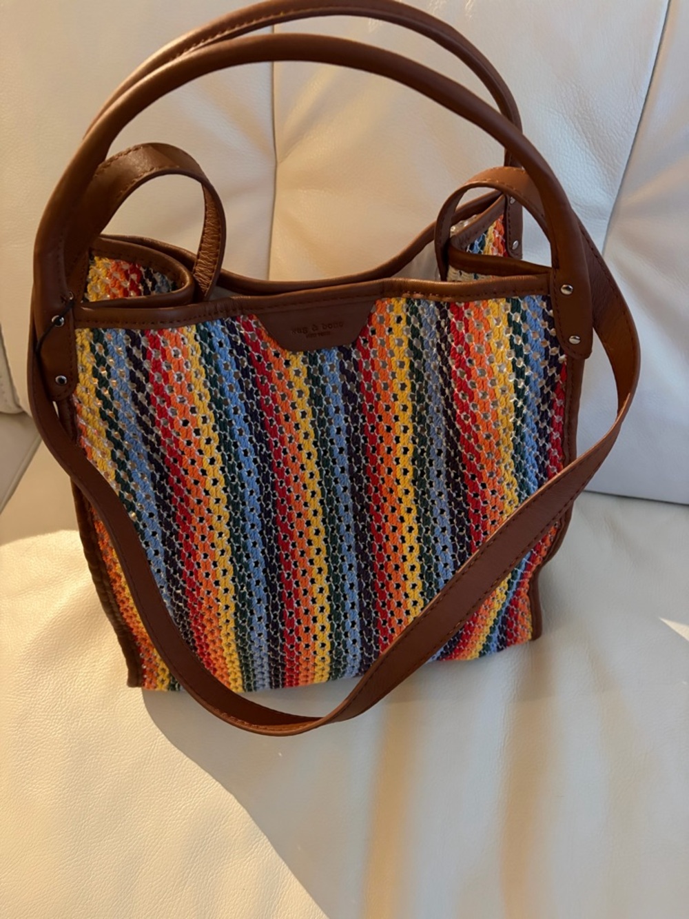 Rag & Bone Multicolor Crochet Tote with Brown Leather Trim
